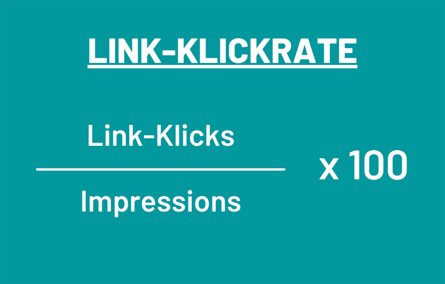 Formel zur Brechnung der Link-Klickrate. Link-Klicks dividiert durch Impressions, multipliziert mit 100.