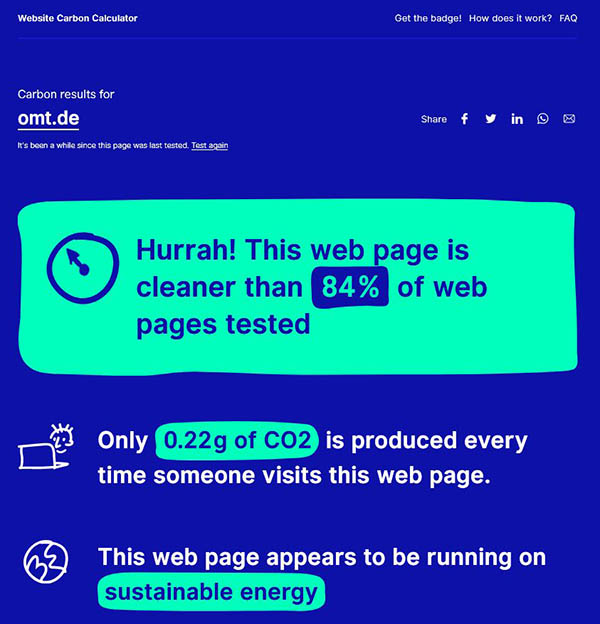 Website Carbon Calculator Werte für omt.de