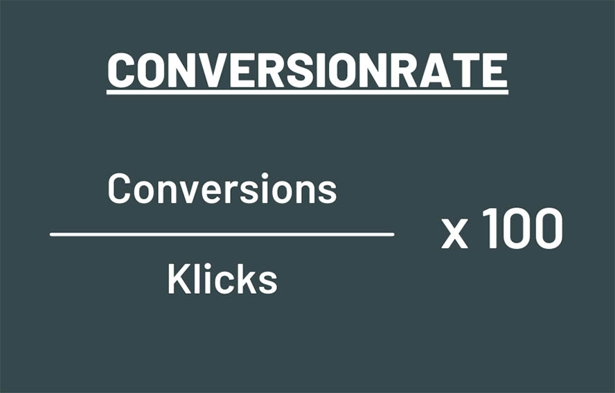 Formel zur Berechnung der Conversionrate. Conversions dividiert durch die Klicks, multipliziert mit 100.
