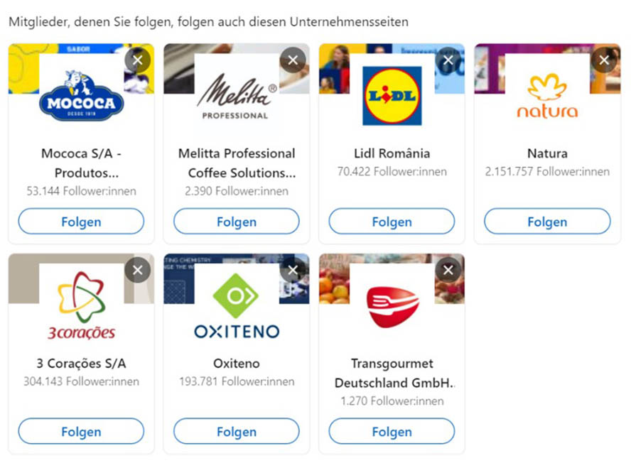 Abbild von einer Reihe von Unternehmen, die LinkedIn seinen Nutzern vorstellt, zur Erweiterung des Netzwerks, als auch als Hilfestellung auf dem Markt up to date zu bleiben