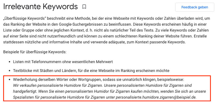 Keyword-Stuffing verstößt gegen die Google-Richtlinien und kann zur Abstrafung führen.