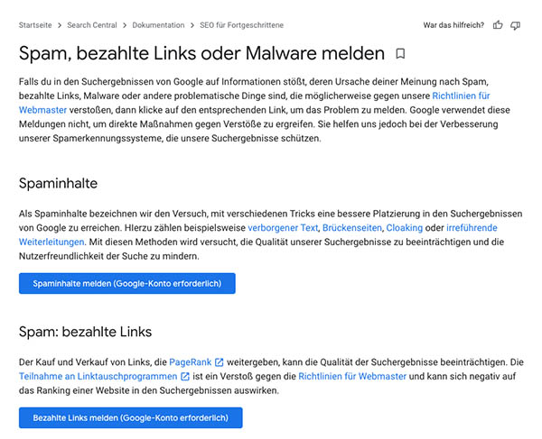 Spam-Inhalte oder bezahlte Links an Google melden.