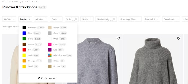 Zalando Filtermöglichkeit auf der Webseite