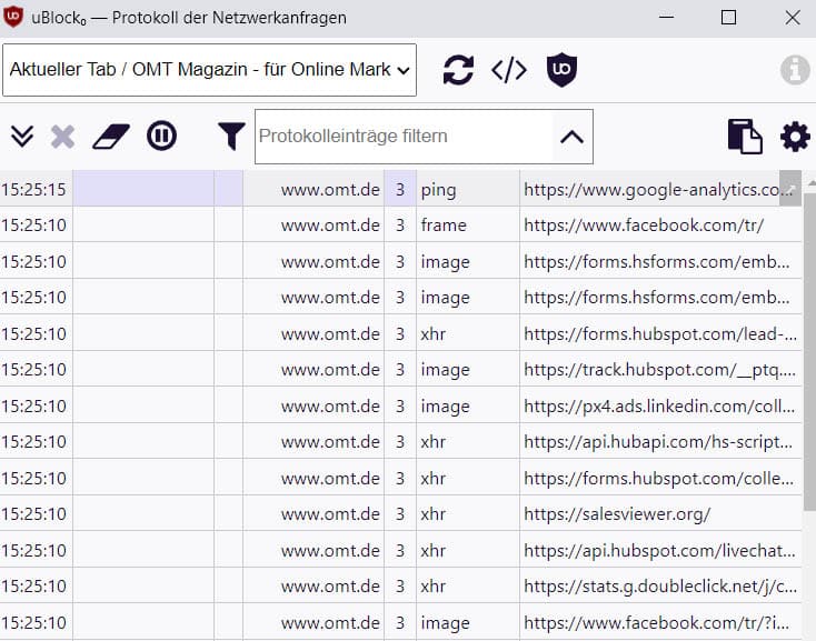 Analytics, HubSpot, SalesViewer: Netzwerkprotokoll-Abfrage in Echtzeit auf der OMT-Website mit uBlock Origin.