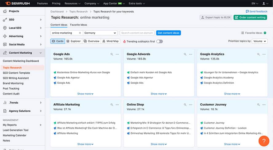 Beispielhafte Suche im Tool „Topic Research“ von SEMrush für den Begriff „online marketing“