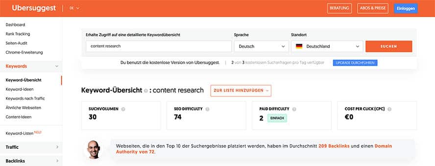 Einblick in das Dashboard von Ubersuggest nach Eingabe des Keywords „content research“