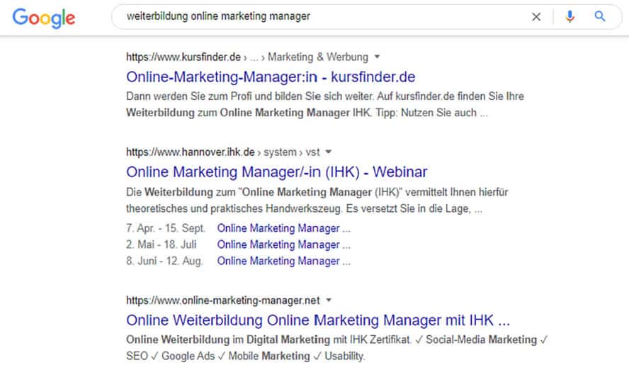 Screenshot Google Abfrage OMM Weiterbildung