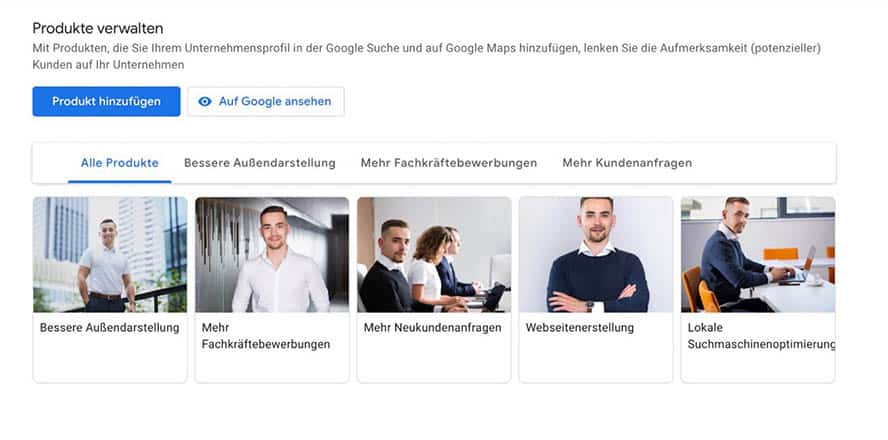 Die Ansicht Produkte in Deinem Google My Business Account.