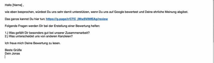 Email Template Nr. 1, um Bewertungen anzufordern.