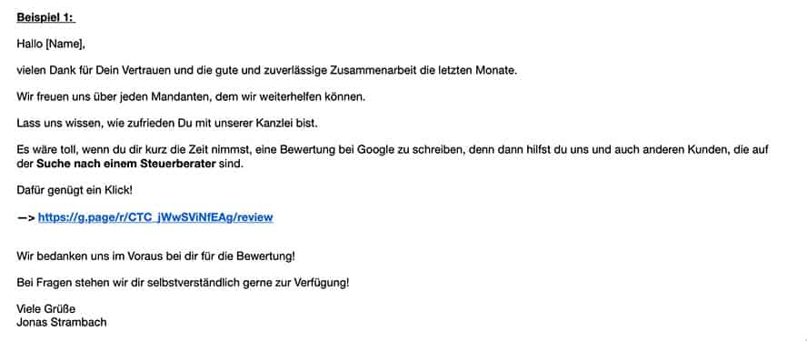 Email Template Nr. 2, um Bewertungen anzufordern.