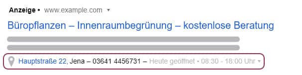 Standorterweiterung in einer Google-Ads-Suchanzeige auf dem Desktop