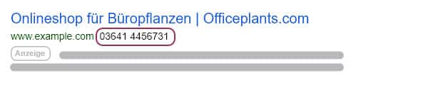 Anruferweiterung in einer Microsoft-Ads-Suchanzeige auf dem Desktop