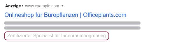 Erweiterung mit Zusatzinformationen in einer Google-Ads-Suchanzeige auf dem Desktop (eigene Darstellung)