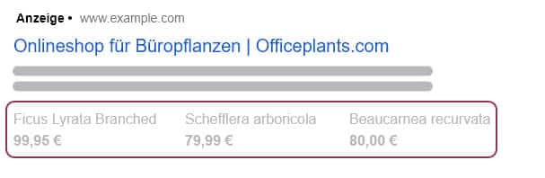 Preiserweiterung in einer Google-Ads-Suchanzeige auf dem Desktop (eigene Darstellung)