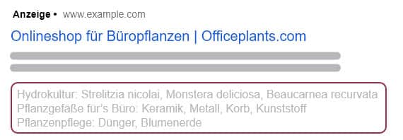 Snippet-Erweiterung in einer Google-Ads-Suchanzeige auf dem Desktop (eigene Darstellung)