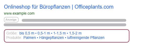 Filterverknüpfungserweiterung in einer Microsoft-Ads-Suchanzeige auf dem Desktop (eigene Darstellung)