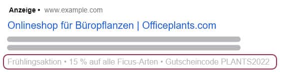 Angebotserweiterung in einer Google-Ads-Suchanzeige auf dem Desktop (eigene Darstellung)