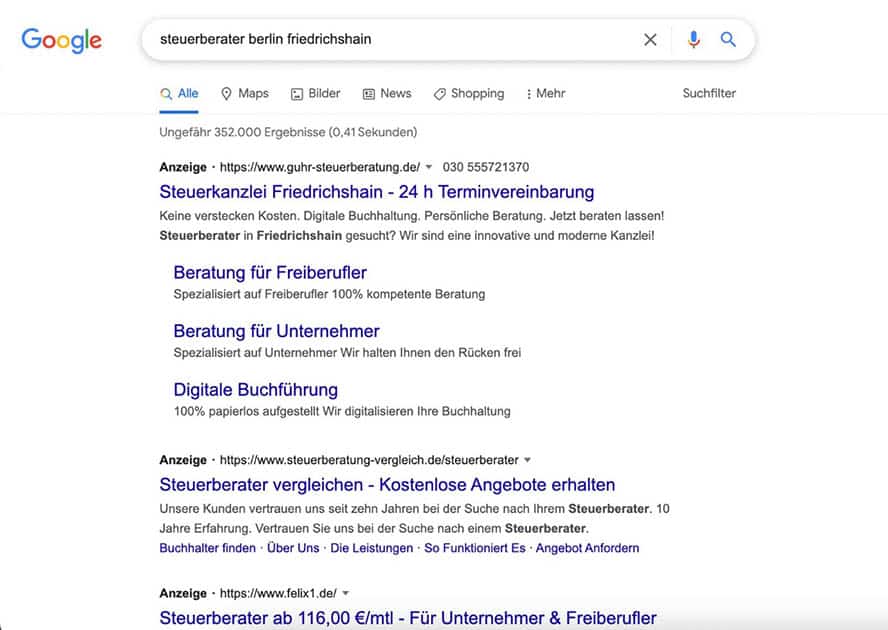 So sehen bezahlte Suchanzeigen auf Google aus.