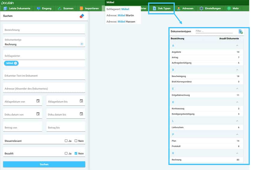 Vielfältige Suchoptionen im DMS Docutain