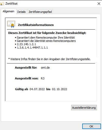 Screenshot Google Chrome Zertifizierungsinformationen