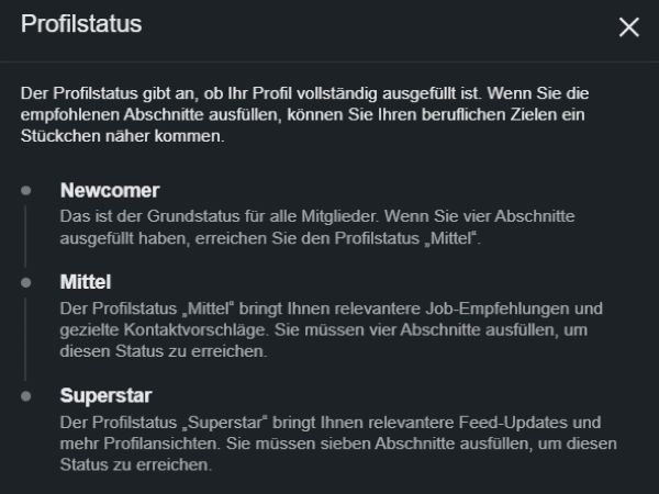 Profilstatus LinkedIn Erklärungen - Newcomer, Mittel, Superstar