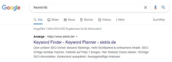 Screenshot bezahlte Werbung bei Google Sistrix Keyword