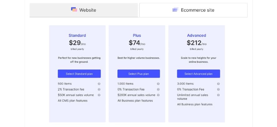 E-Commerce Preisuebersicht von Webflow