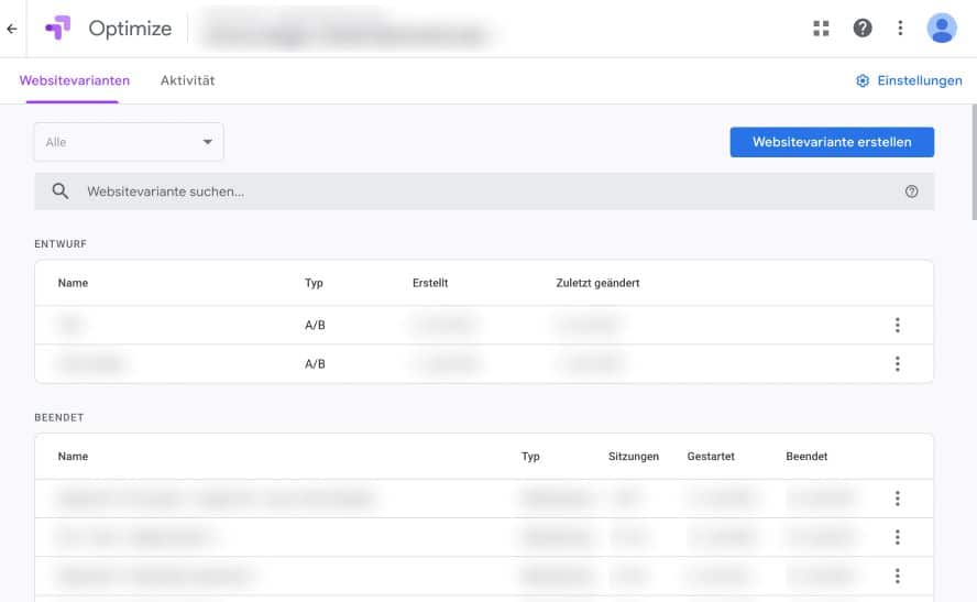 Google Optimize Oberflaeche