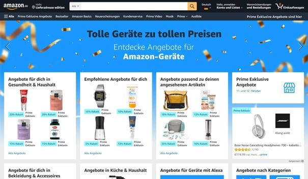 Amazon Startbildschirm Webseite 