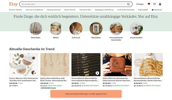 Etsy Startbildschirm Webseite 