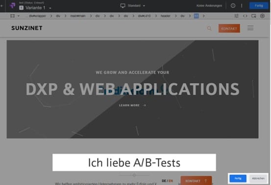 Sunzinet AB Testing Oberflaeche Optimize visueller editor Button Textaenderung abspeichern