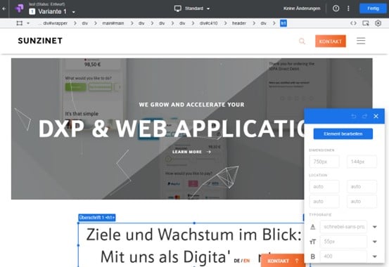 Sunzinet AB Testing Oberflaeche Optimize visueller editor Text aendern