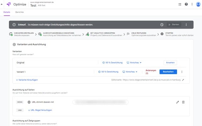 Varianten und Aurichtung Google Optimize