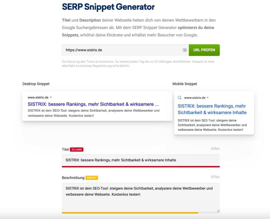 SERP-Snippet-Generator von Sistrix