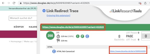 Screenshot Link Research Tool indexierte Produktseite Douglas