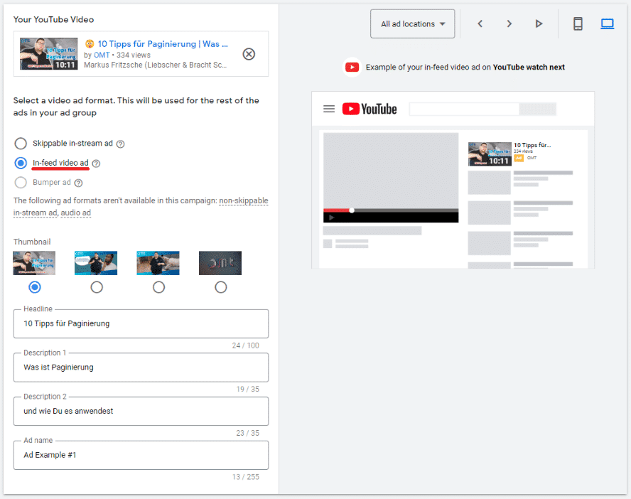 Erstellung einer YouTube In-Feed Kampagne in Google Ads