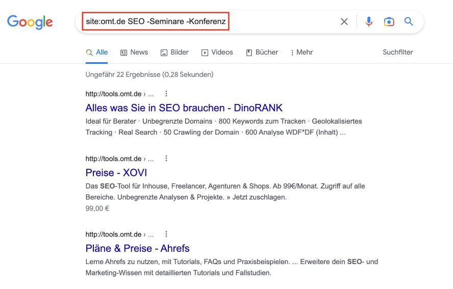 Siteabfrage für omt.de zum Begriff "SEO" und mit Ausschluss der Begriffe “Seminare” und “Konferenz” 