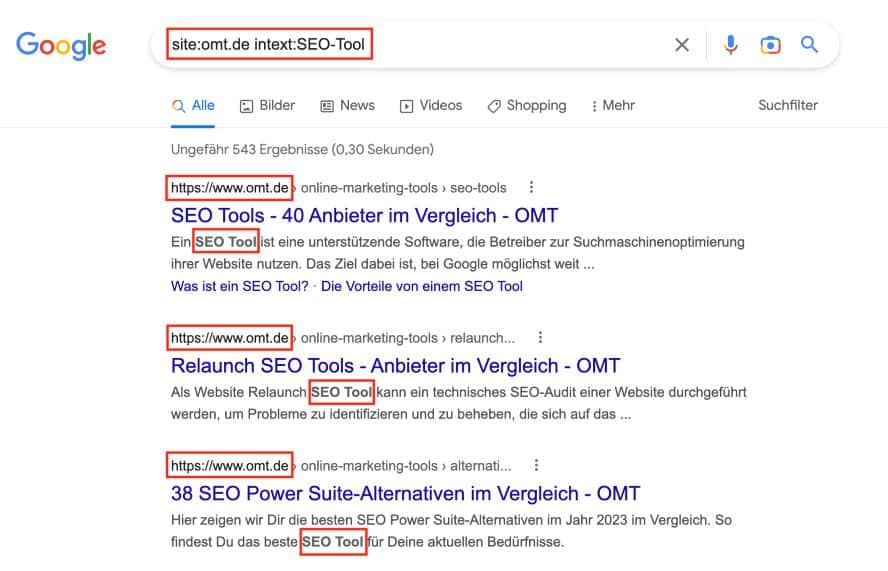 Siteabfrage für omt.de zum Begriff "SEO-Tool" im Text