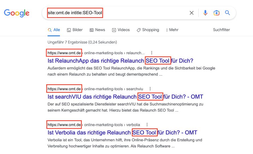 Siteabfrage für omt.de zum Begriff "SEO-Tool" im Titel