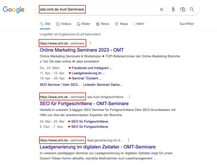 Siteabfrage für omt.de mit Begriff "Seminare" in der URL