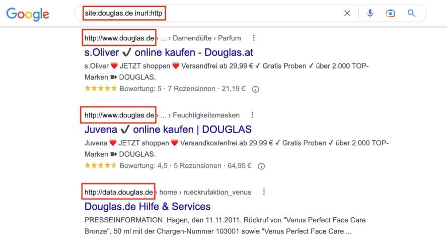 Siteabfrage für douglas.de mit "http" in der URL