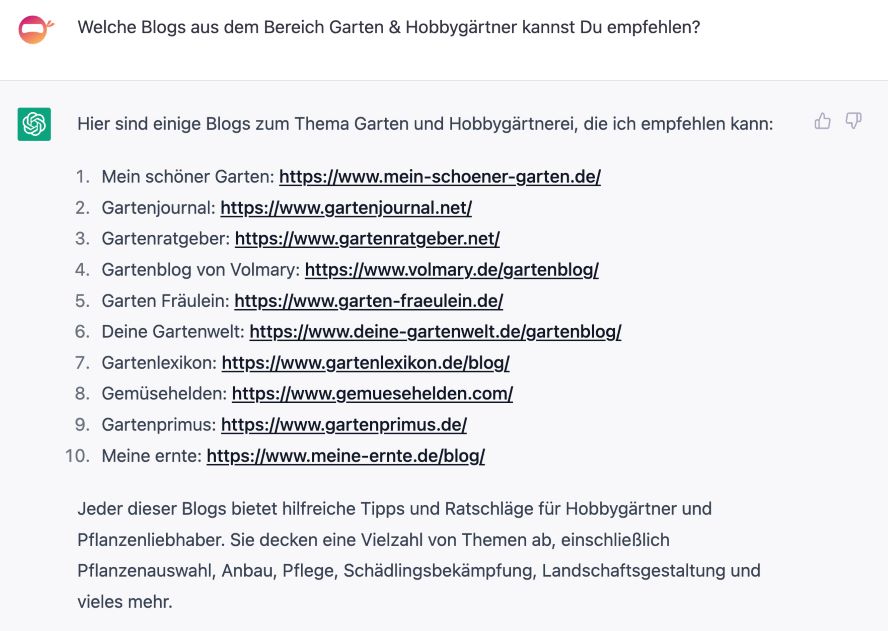 ChatGPT Beispielabfrage um Blogs zu finden 