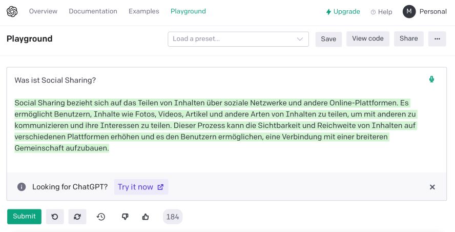 ChatGPT Anfrage Beispiel für Social Sharing