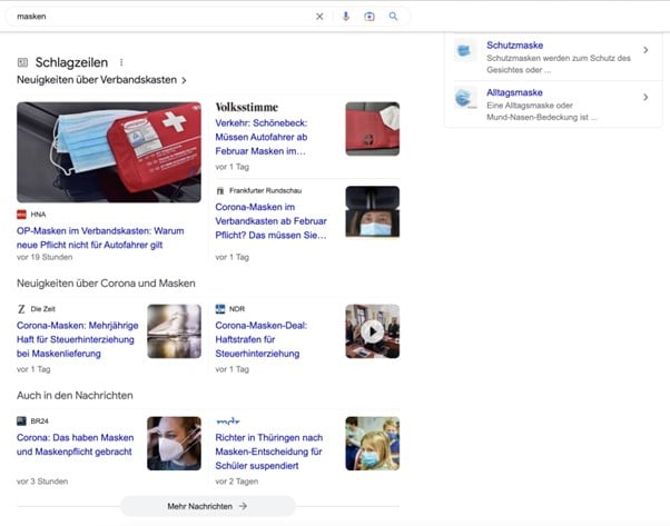 Google Screenshot Schlagzeilen zu Suchanfrage Masken