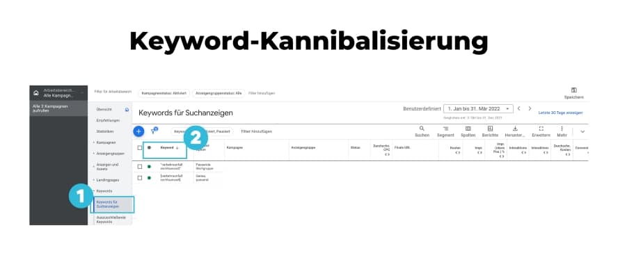 Um zu überprüfen, ob sich auch in Deinem Konto Keyword-Kannibalisierungen eingeschlichen haben, wechselst Du in den Suchbegriff Report auf Kontoebene