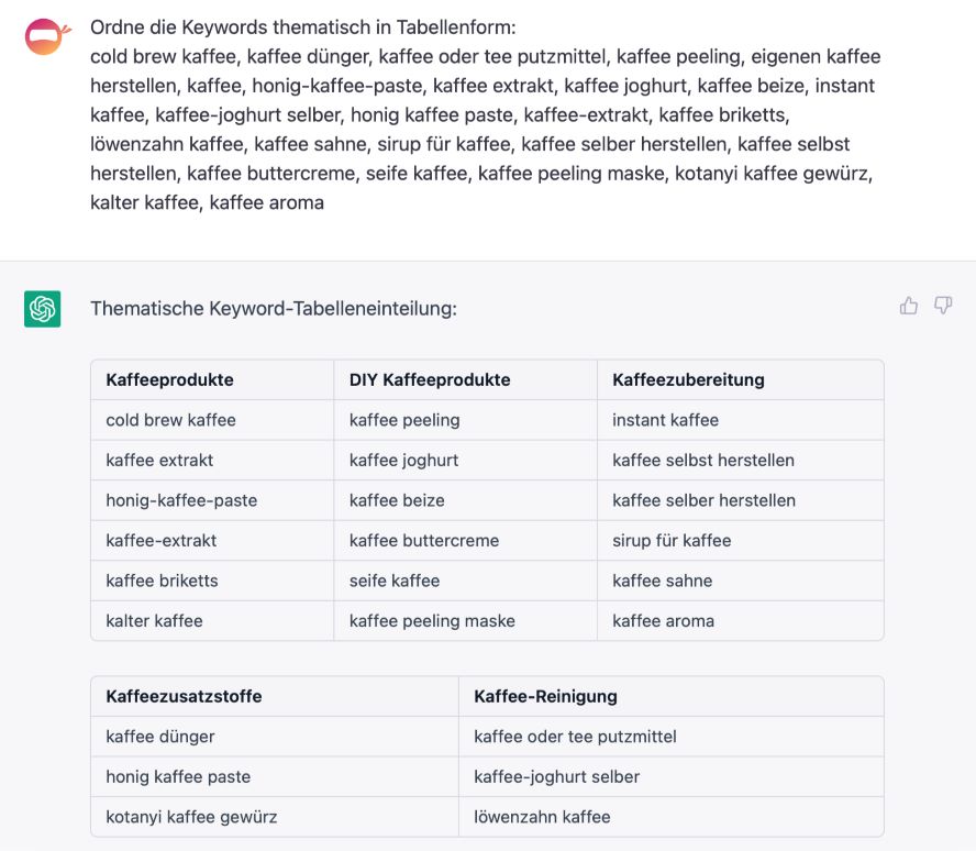 Beispielabfrage zum Keyword clustern bei ChatGPT 