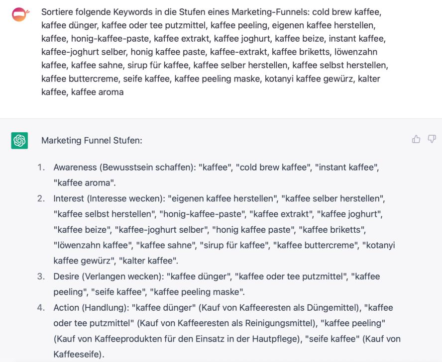 Beispielabfrage ChatGPT Marketing Funnel Stufen 