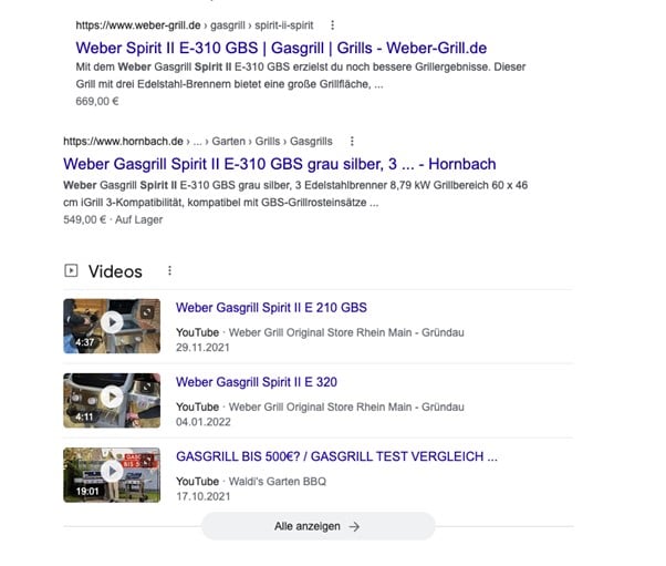 Screenshot aus Google zu Videointegration in Suchergebisseite