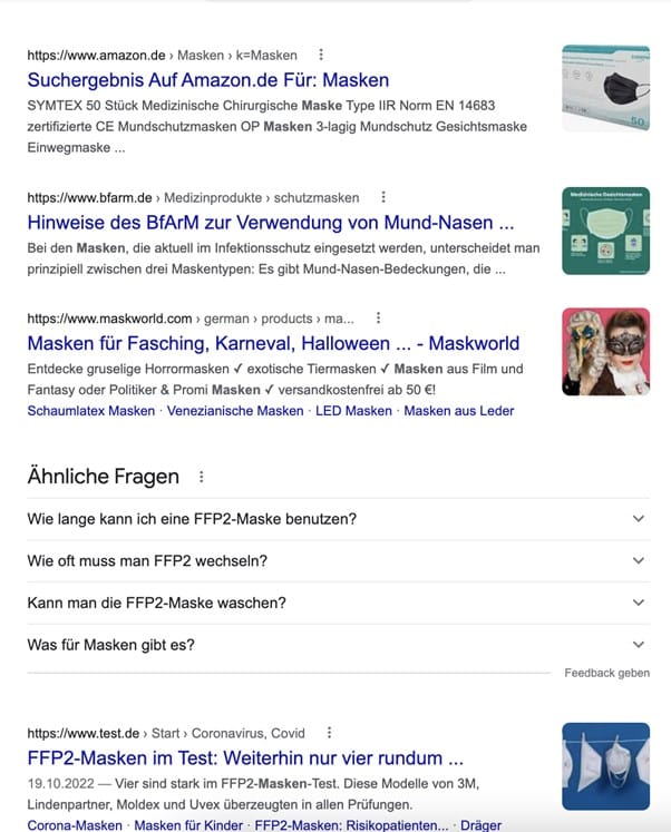 Screenshot zu Suchergebnisseite des Keywords Masken