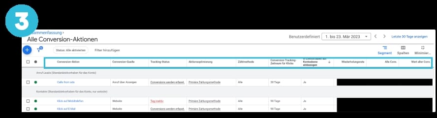 Als Nächstes passt Du die Spaltenansicht so an, dass Du alle wichtigen Key Performance Indicators zur Prüfung Deines Trackings auf einen Blick erhältst. Wichtig ist der “Tracking-Status”, ”Alle Conversions”, der “Wert Deiner Conversions”, die “ Zählmethode”, der “Tracking-Zeitraum für Klicks” und das “Attributionsmodell”.